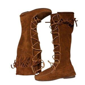 Minnetonka Womens Brown Suede Leather Knee High Lace-Up Fringe Moccasin Boots